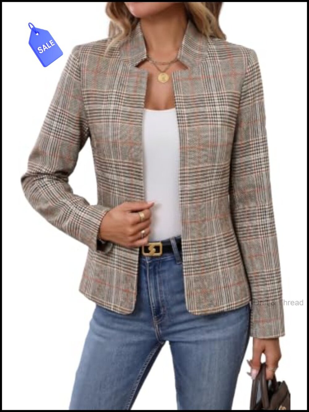 Plaid Tweed Blazer Women Open Front Business Casual Jacket